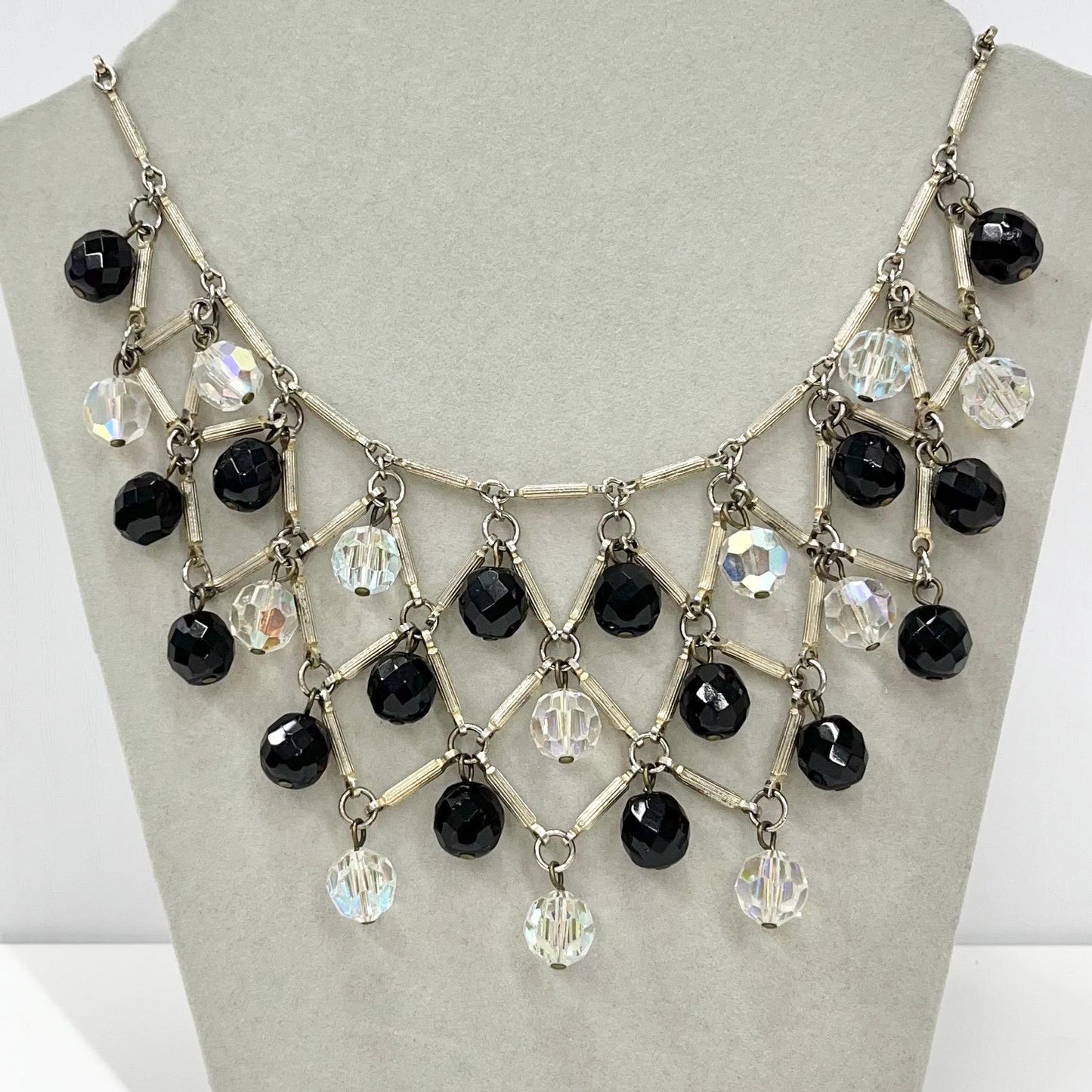 Vintage 1940’s 1950’s Black & Clear Austrian Crystal Glass Bead Necklace Bib Waterfall Style Drop Necklace TheGreenGlassGemShop