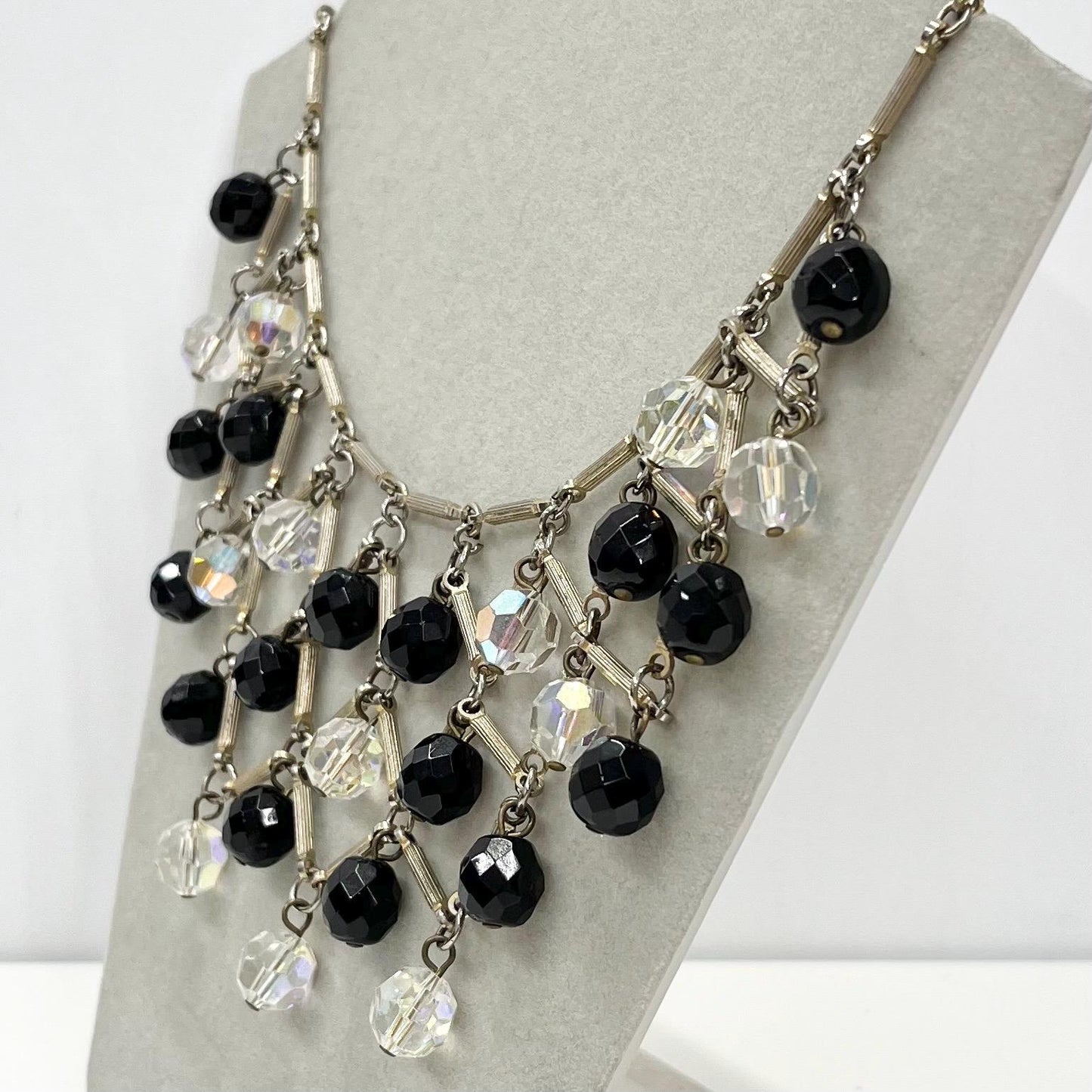 Vintage 1940’s 1950’s Black & Clear Austrian Crystal Glass Bead Necklace Bib Waterfall Style Drop Necklace TheGreenGlassGemShop