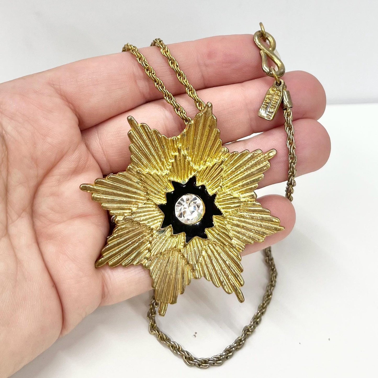 Vintage 1970‘s 1980’s Kenneth Lane Gold Plate Starburst Star / Flower Pendant Necklace with Black Enamel & Crystal Crystal 32” Curb Chain TheGreenGlassGemShop