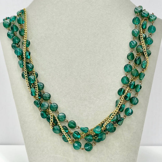 Vintage 5 Strand Green Czech Glass Bead & Gold Plated Chain Necklace Multi Strand Necklace TheGreenGlassGemShop