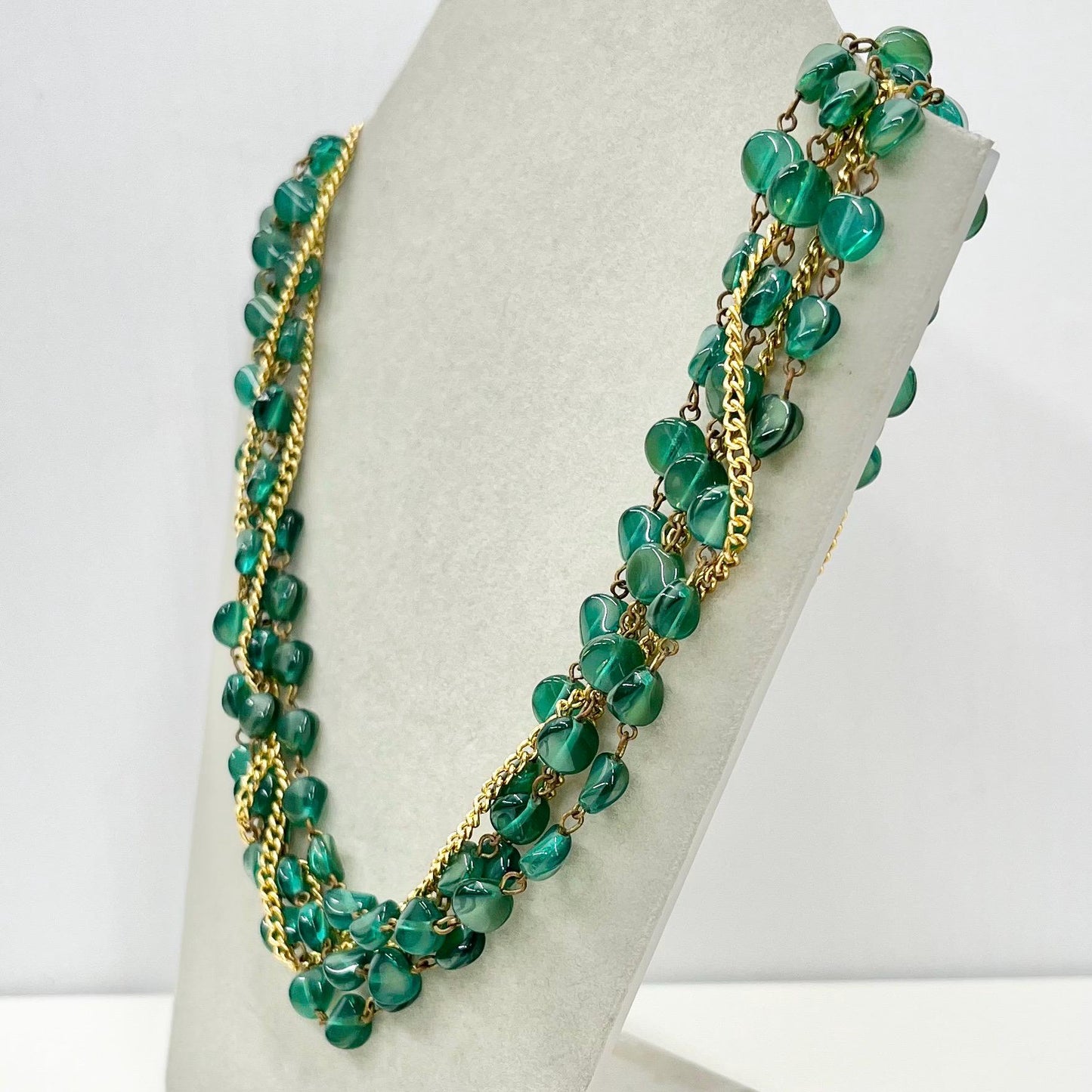 Vintage 5 Strand Green Czech Glass Bead & Gold Plated Chain Necklace Multi Strand Necklace TheGreenGlassGemShop