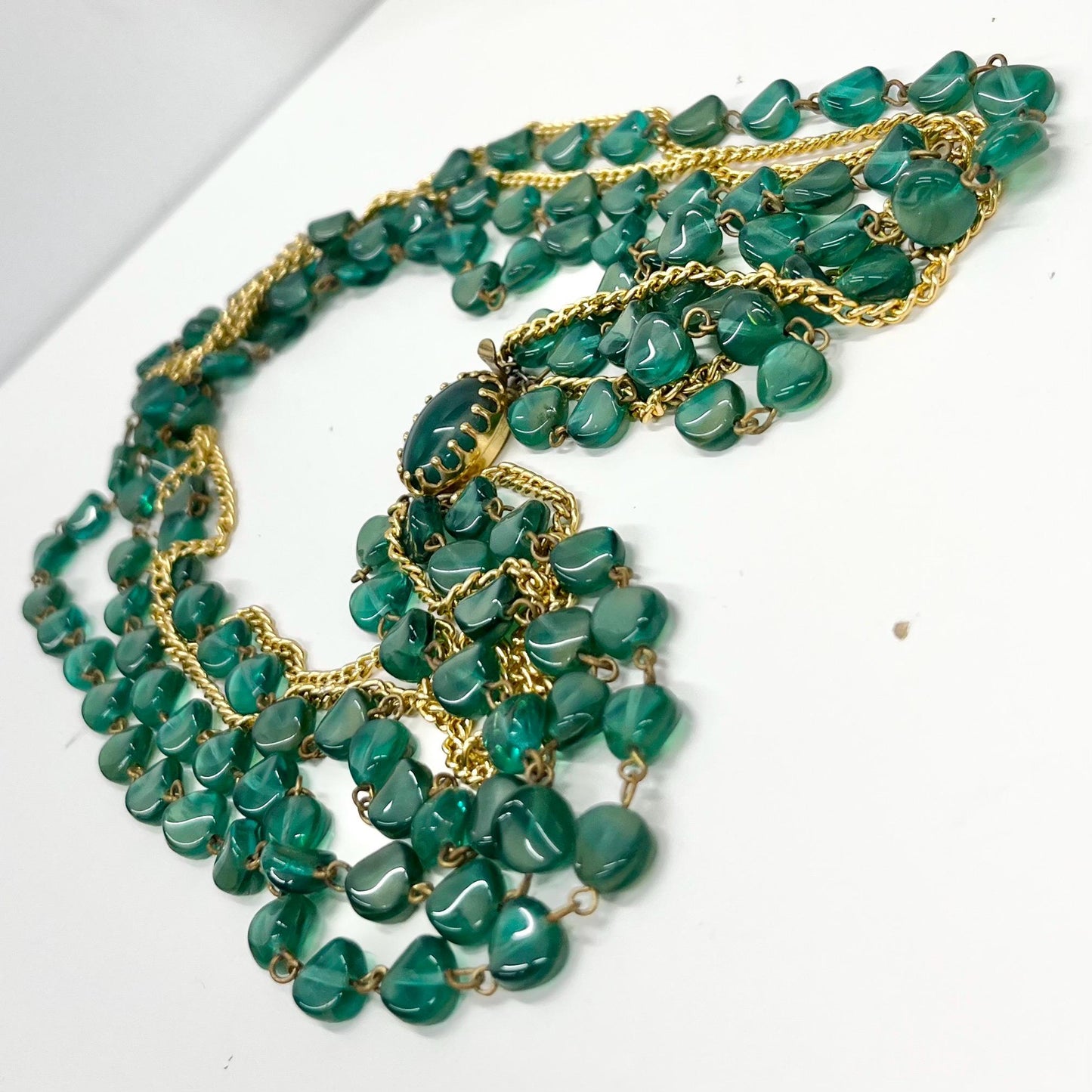 Vintage 5 Strand Green Czech Glass Bead & Gold Plated Chain Necklace Multi Strand Necklace TheGreenGlassGemShop