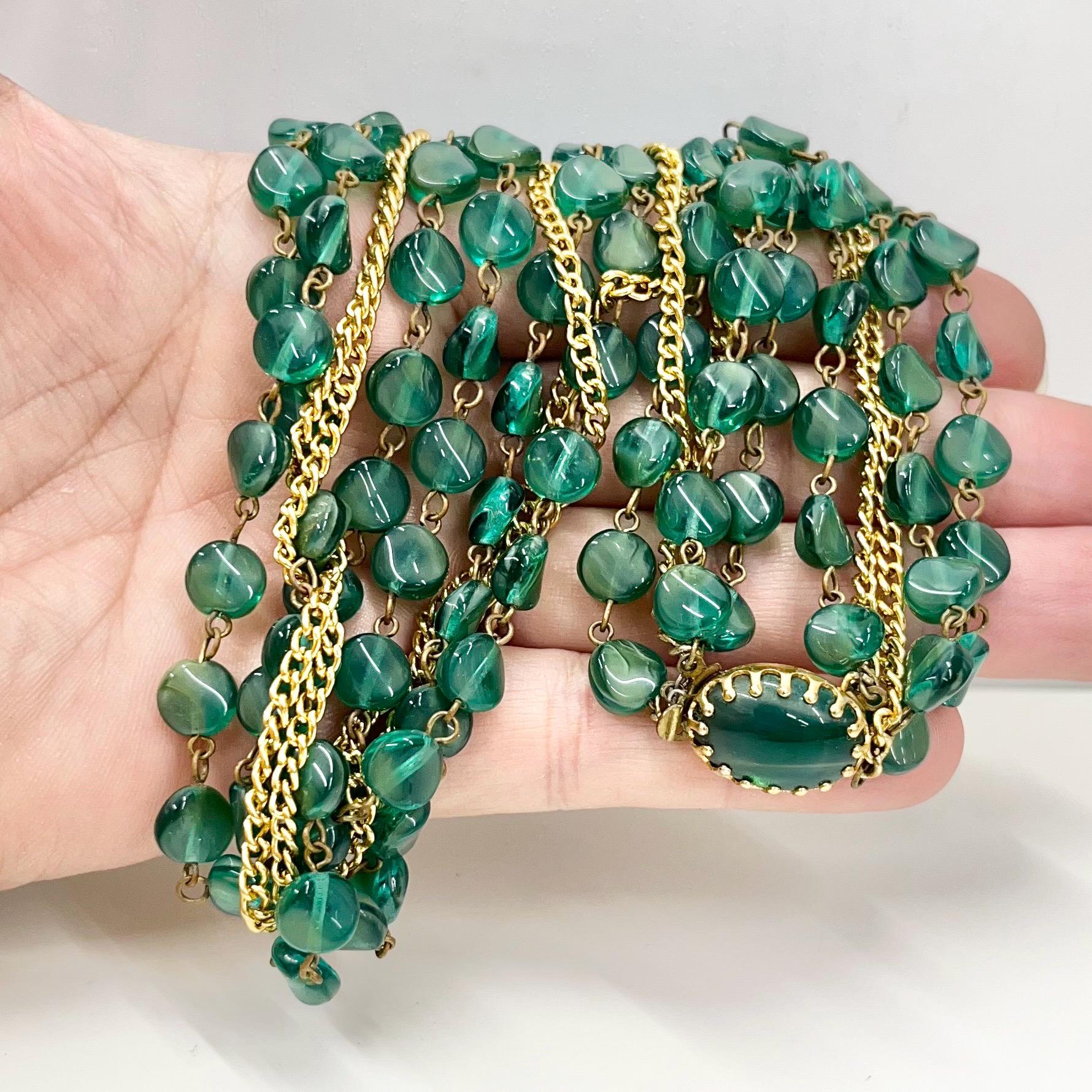 Vintage 5 Strand Green Czech Glass Bead & Gold Plated Chain Necklace Multi Strand Necklace TheGreenGlassGemShop