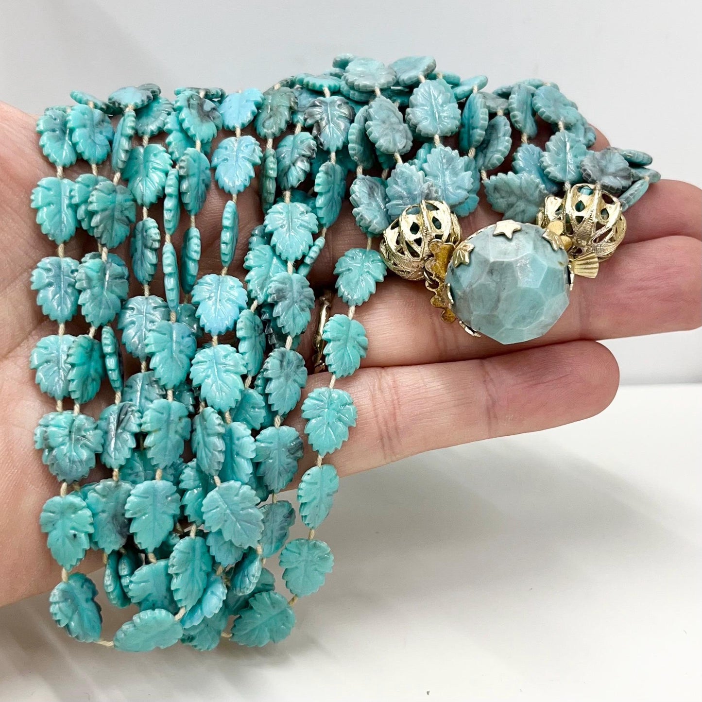 Vintage 6 Strand Light Weight Turquoise Effect Plastic Cluster Leaf Bead Necklace Multi Strand Necklace TheGreenGlassGemShop