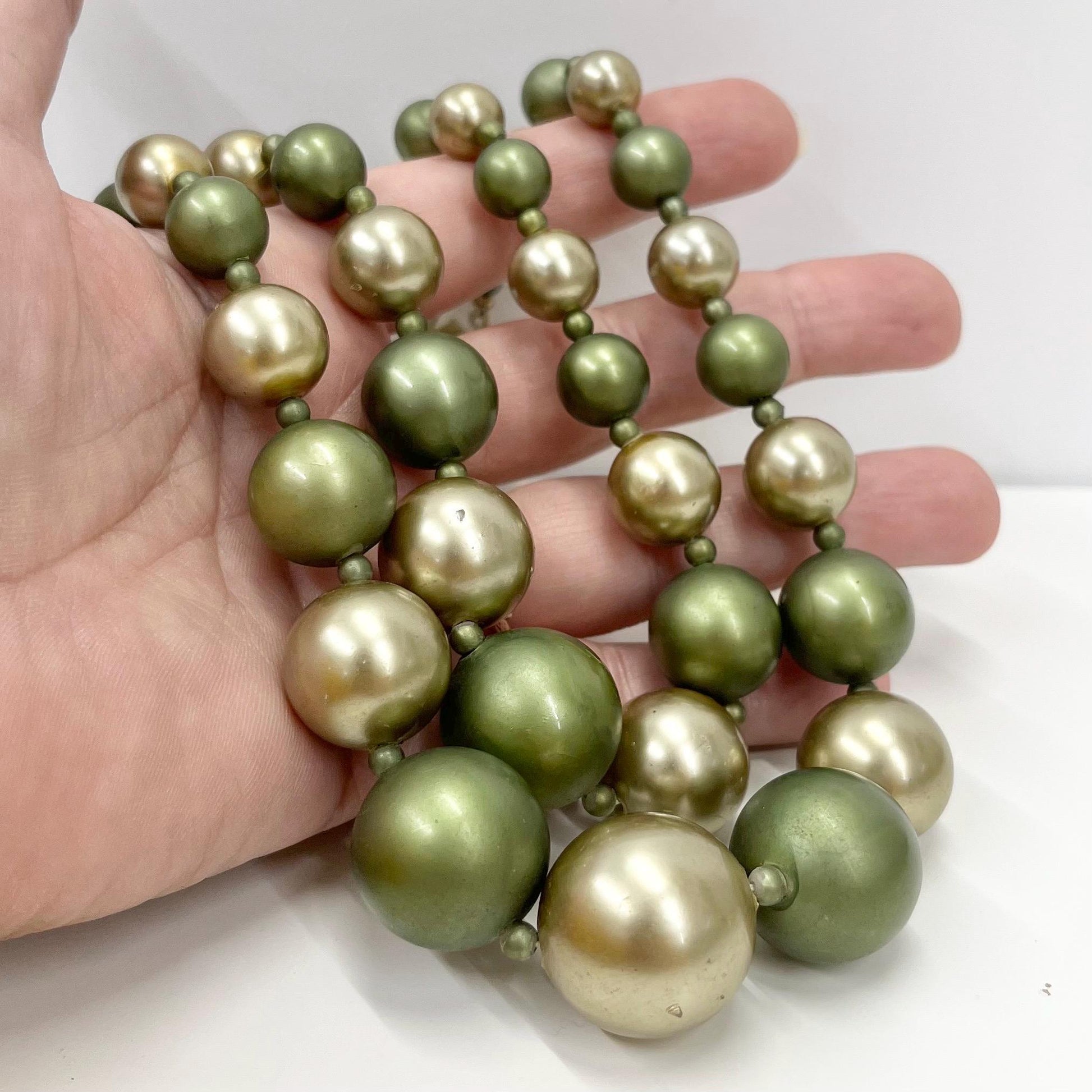 Vintage Chunky 2 Strand Light Weight Two Tone Green Faux Pearl, Graduated Plastic Bead Necklace Multi Strand Necklace TheGreenGlassGemShop