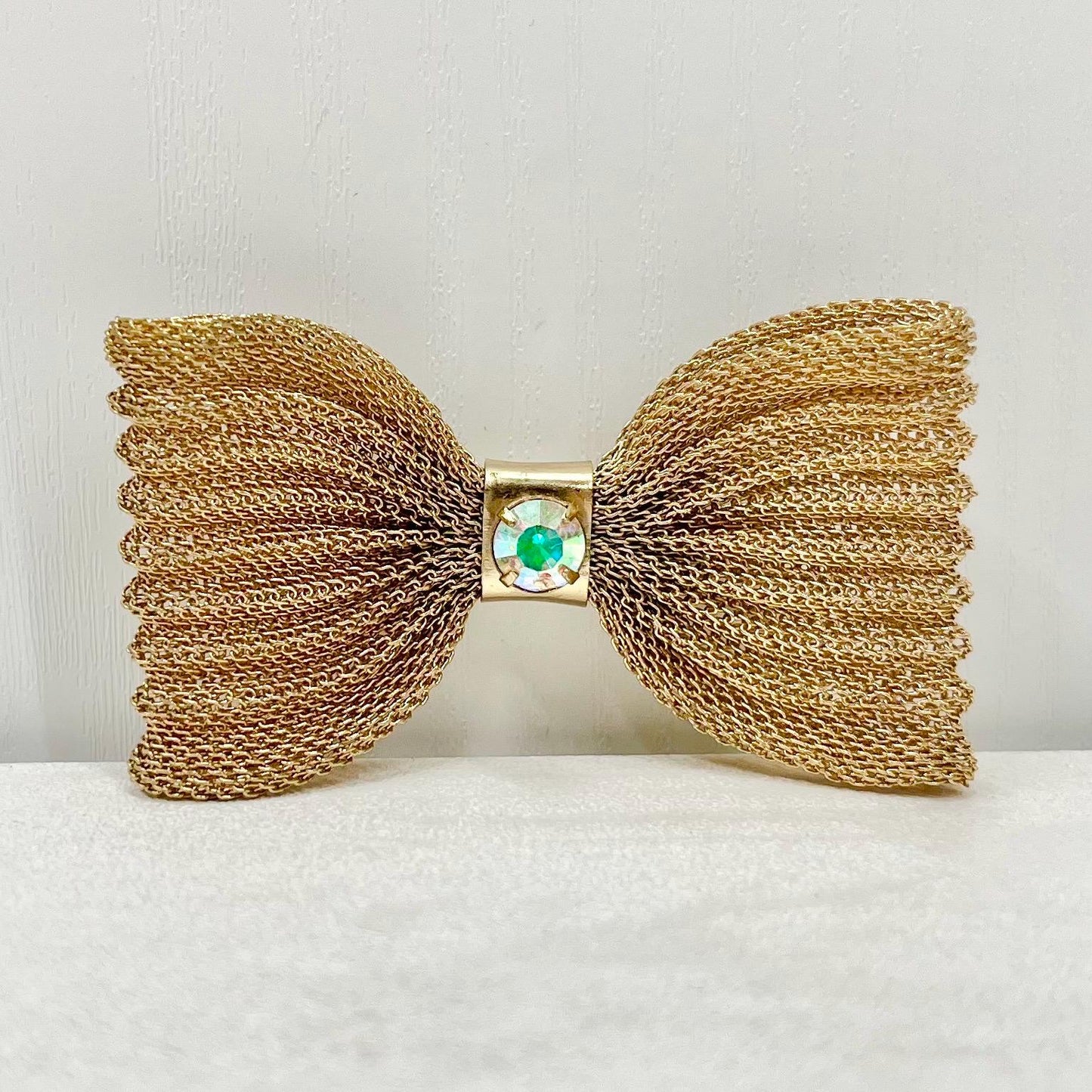 Vintage Gold Tone Woven Mesh Bow Brooch Large with an Aurora Borealis Austrian Crystal Accent Costume Jewellery Statement Piece TheGreenGlassGemShop