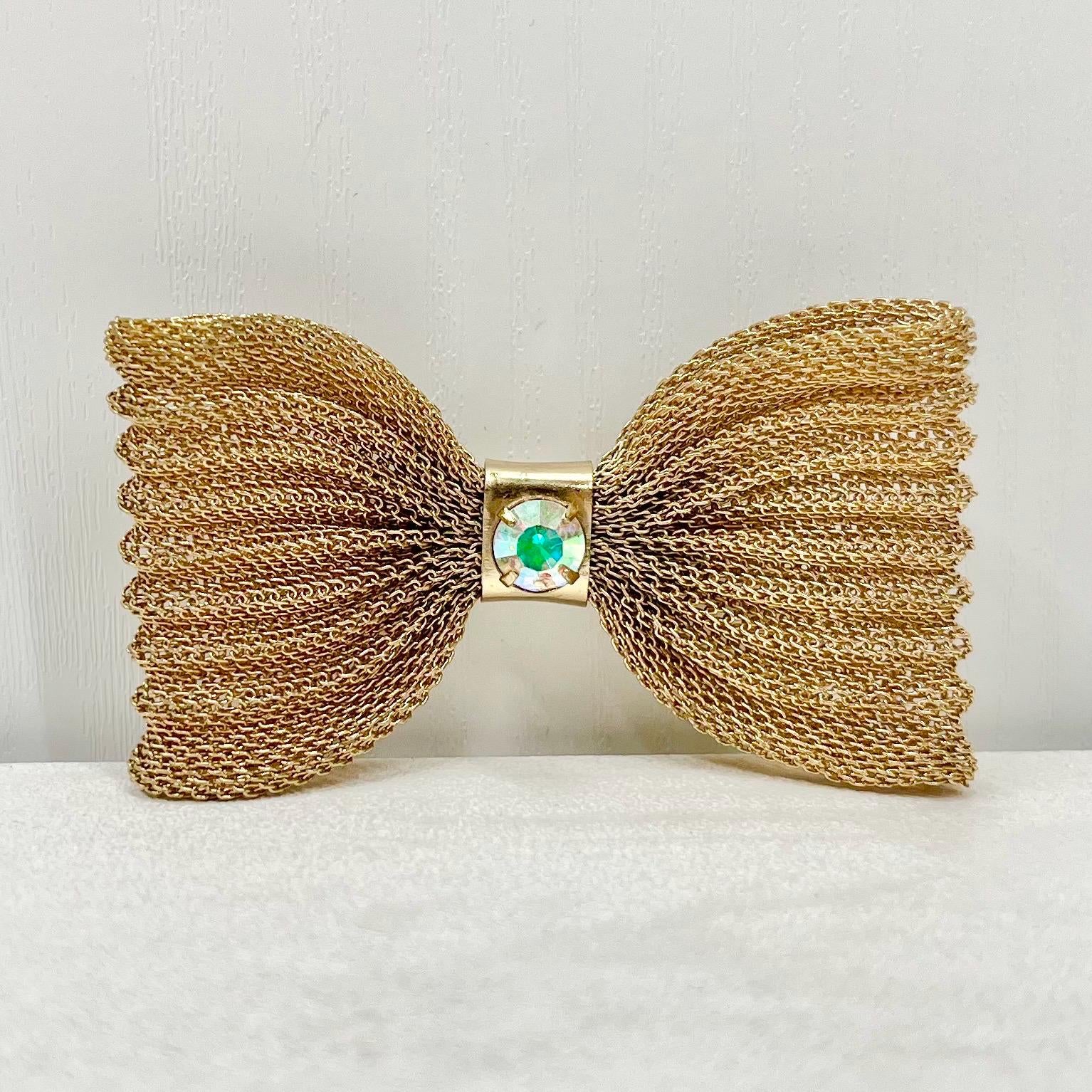 Vintage Gold Tone Woven Mesh Bow Brooch Large with an Aurora Borealis Austrian Crystal Accent Costume Jewellery Statement Piece TheGreenGlassGemShop