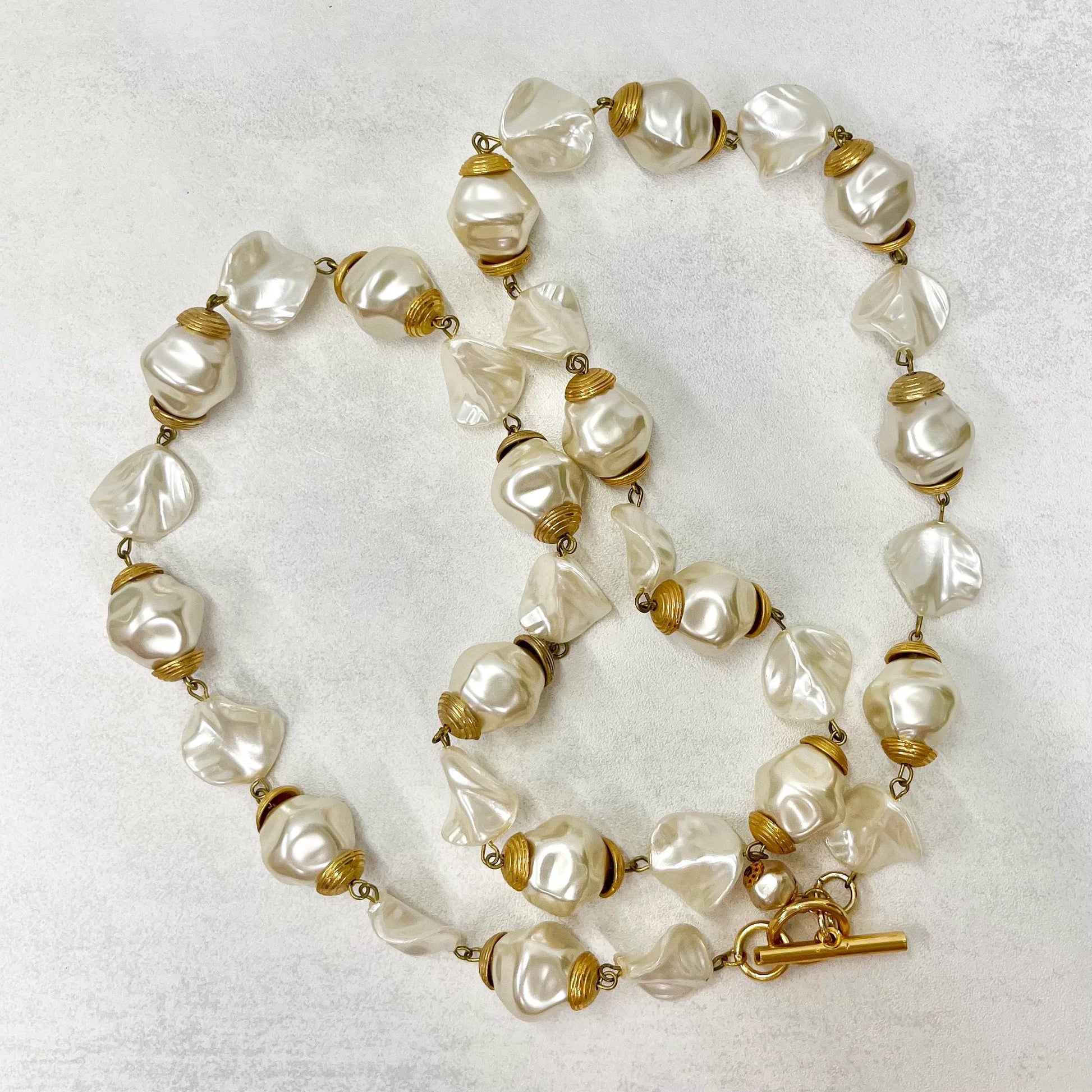 Vintage 1970’s Chunky Faux Baroque Pearl Necklace Fabulous Gold Tone & Cream Long 39” Statement Necklace TheGreenGlassGemShop