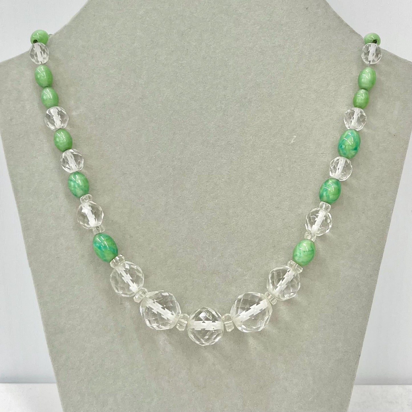 Art Deco 1930’s Green & Clear Faceted Glass Bead Necklace Czech Firepolished Beads Vintage Jewellery 17” Long TheGreenGlassGemShop