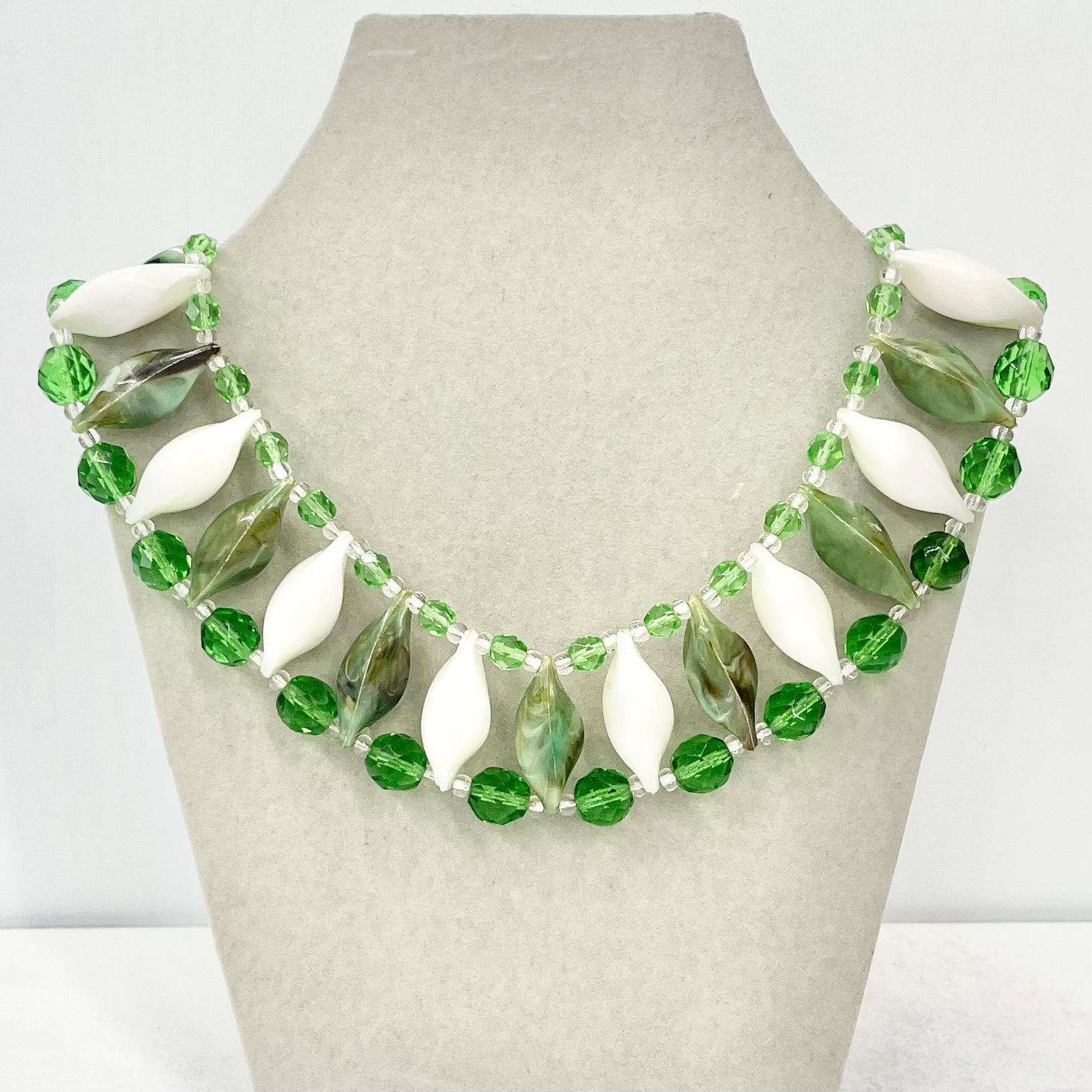 Vintage Two Tone White and Green Marbled Acrylic Plastic & Glass Bead Collar Choker Necklace 14” Long Chunky Oval Beads TheGreenGlassGemShop