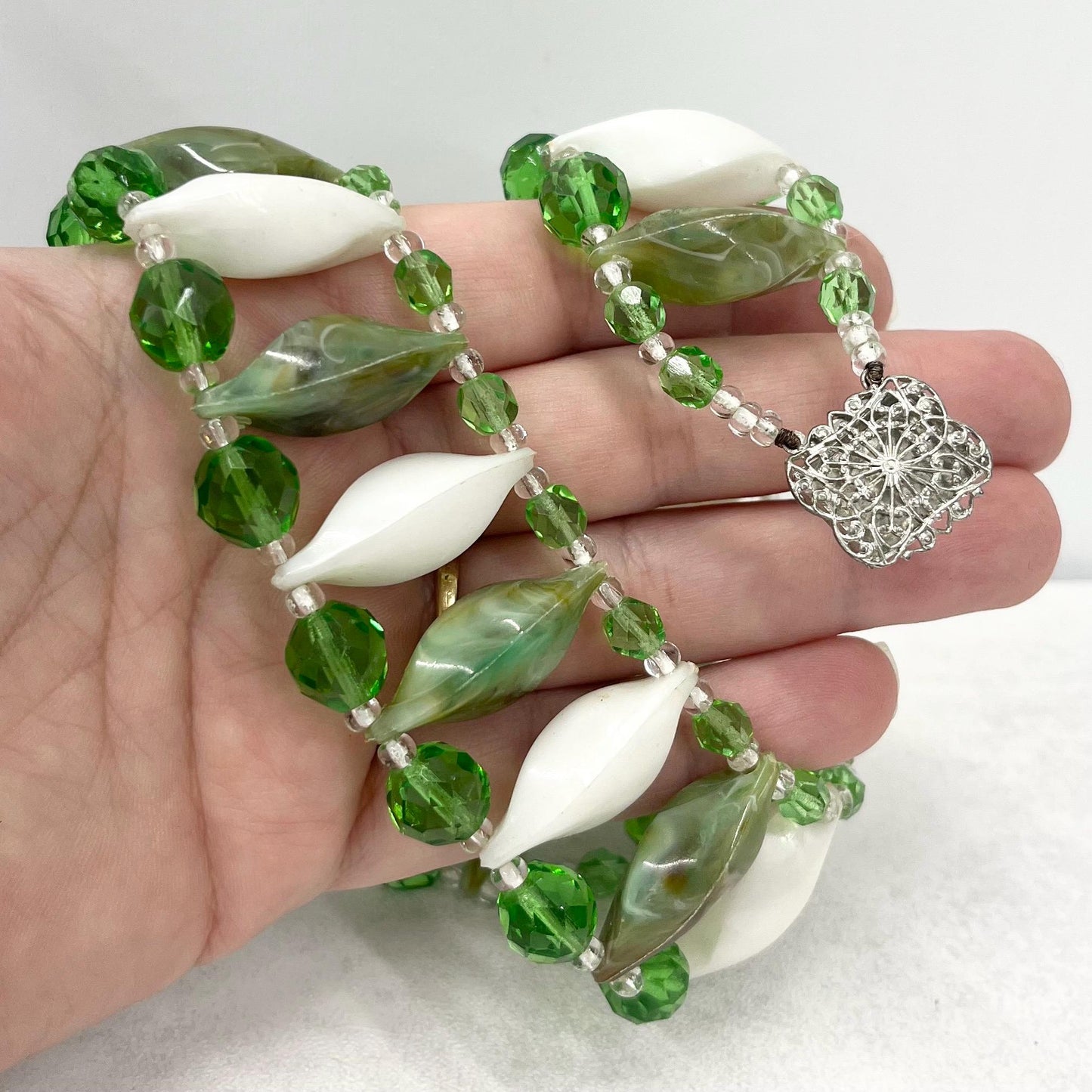 Vintage Two Tone White and Green Marbled Acrylic Plastic & Glass Bead Collar Choker Necklace 14” Long Chunky Oval Beads TheGreenGlassGemShop