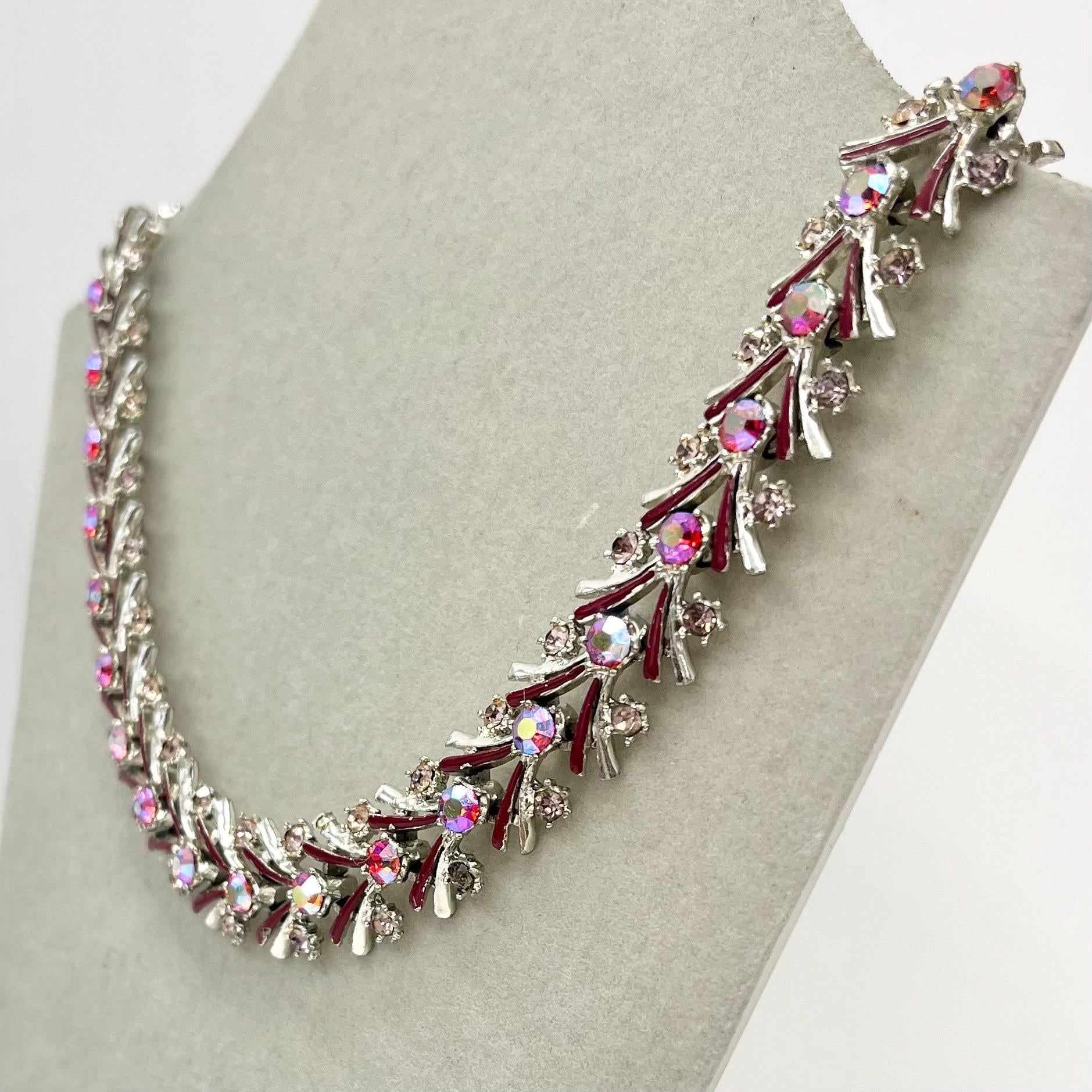 Vintage Miracle Austrian Crystal Enamelled Necklace with Aurora Borealis Fuchsia Pink Crystals Super Sparkling Prom Bridal TheGreenGlassGemShop