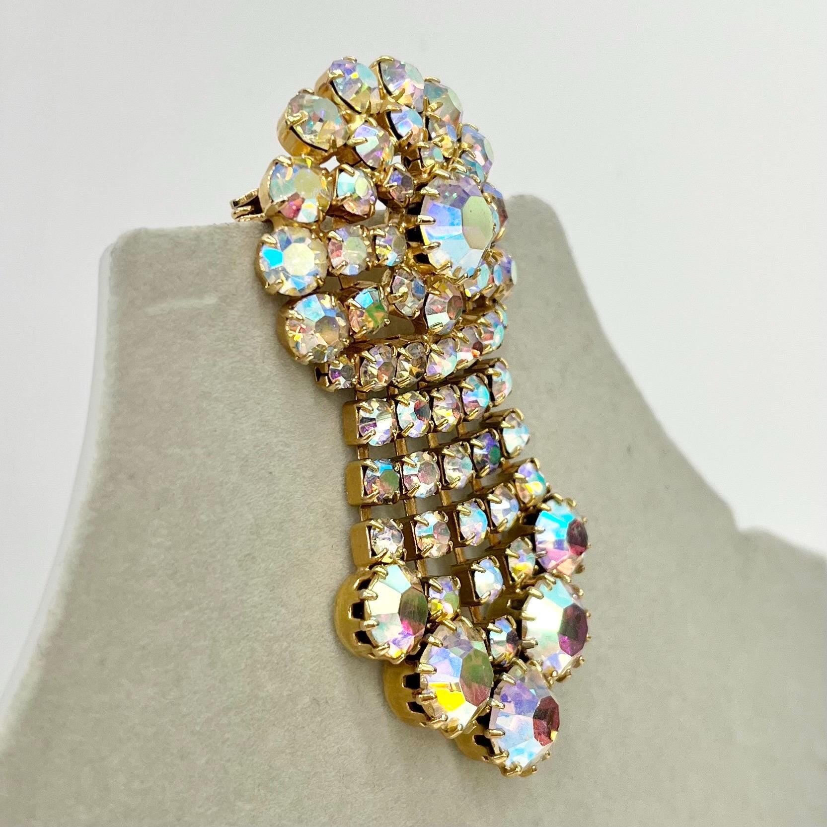 Vintage Aurora Borealis Austrian Crystal Long Tassle Drop Waterfall Flower Brooch Gold Plate Statement Piece TheGreenGlassGemShop