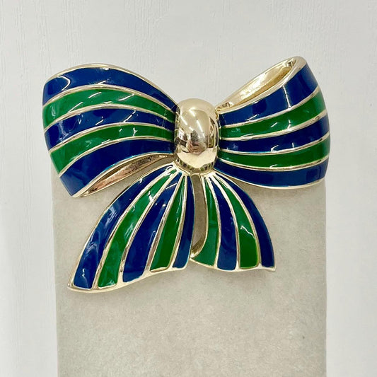 Vintage Large Gold Tone Blue & Green Striped Enamel Bow Brooch TheGreenGlassGemShop