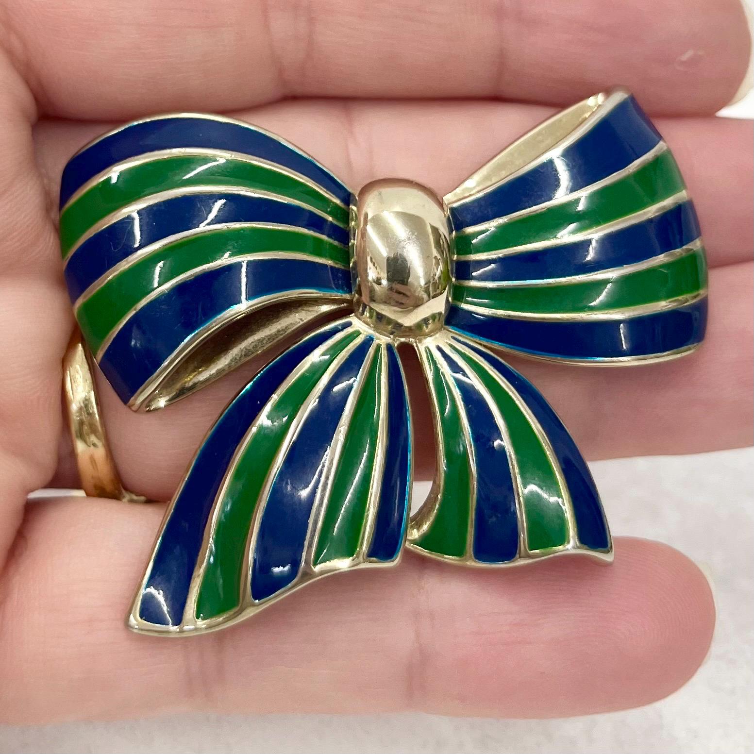 Vintage Large Gold Tone Blue & Green Striped Enamel Bow Brooch TheGreenGlassGemShop