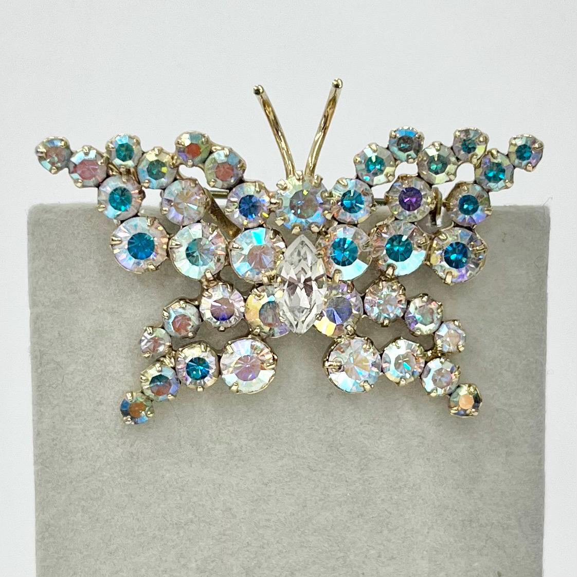 Vintage Aurora Borealis Austrian Crystal Butterfly Brooch Gold Plate Statement Piece TheGreenGlassGemShop