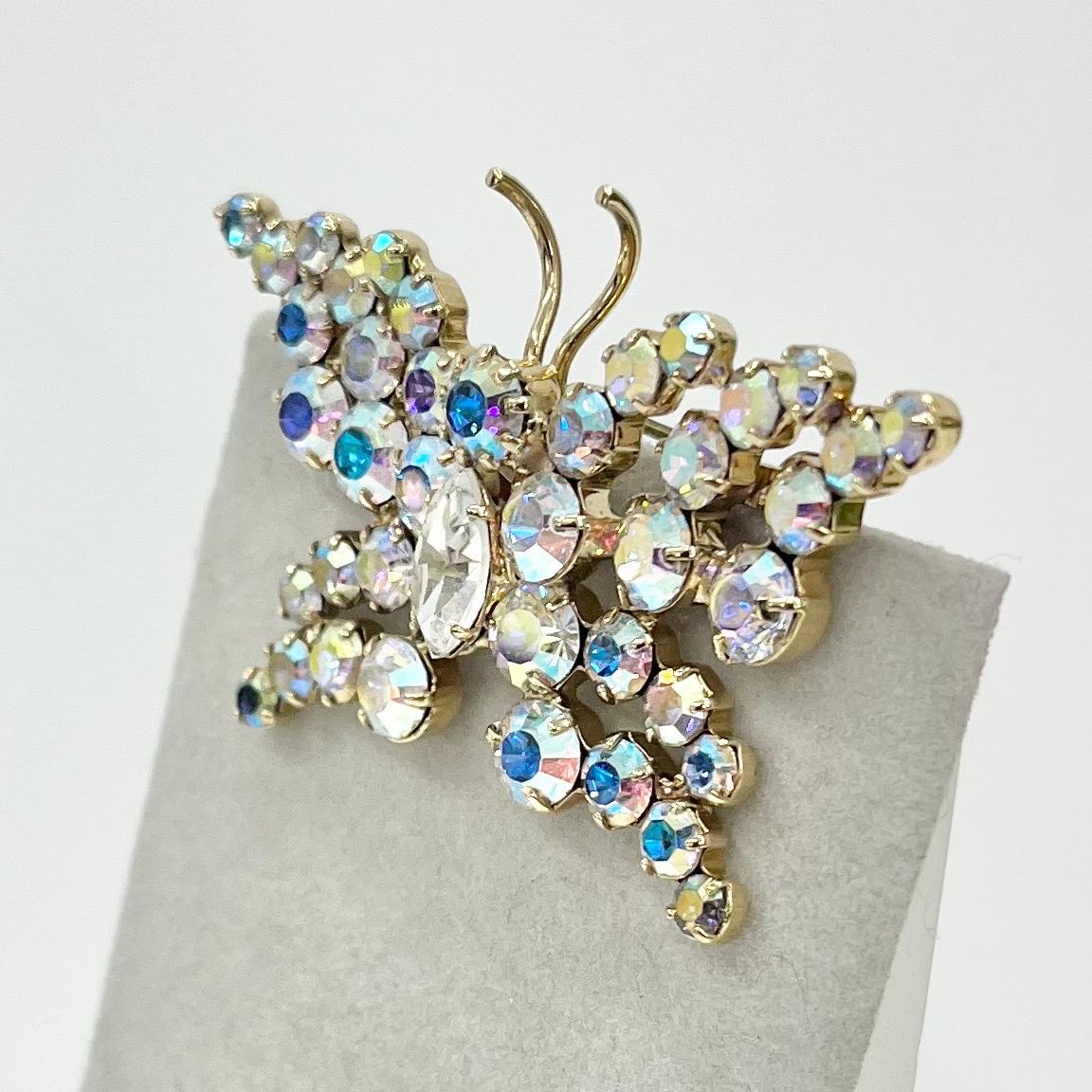 Vintage Aurora Borealis Austrian Crystal Butterfly Brooch Gold Plate Statement Piece TheGreenGlassGemShop