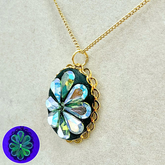 AB Green Uranium Crystal Pendant with Vintage Uranium Swarovski Crystal Elements in a Gold Tone Setting 18” Chain UV Reactive Glow TheGreenGlassGemShop