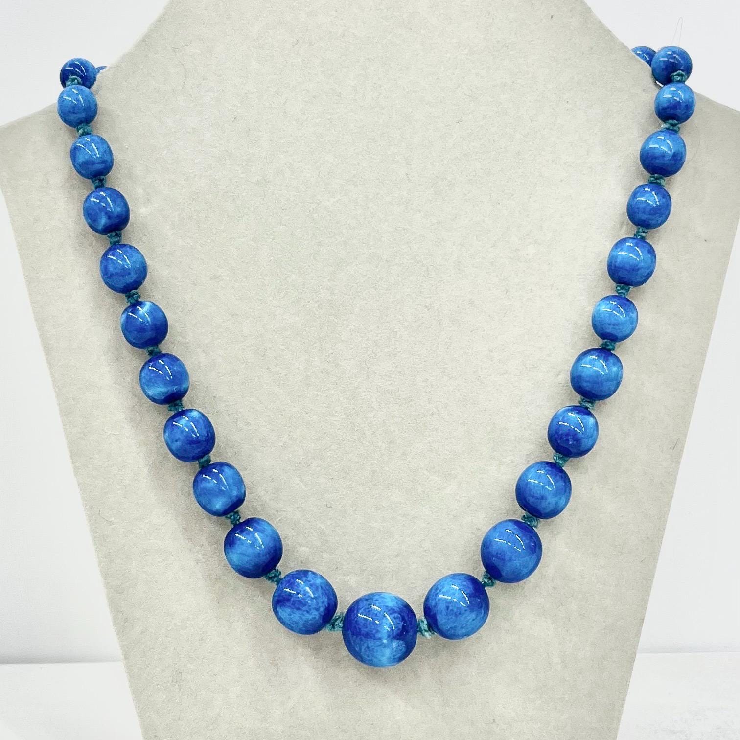 Art Deco 1930’s French Louis Rousselet Blue Glass Bead Hand Knotted Necklace Graduated Beads 18” Long Lampwork Beads Marked Made In France TheGreenGlassGemShop