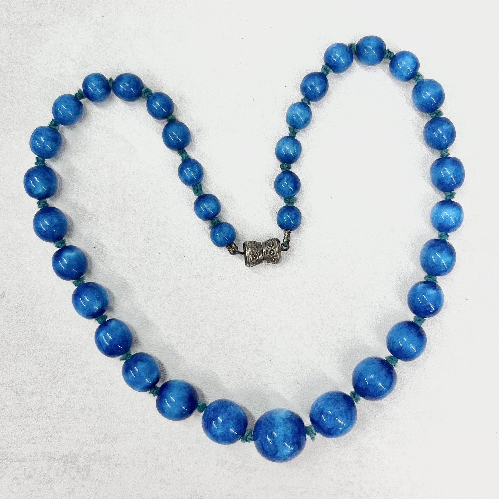 Art Deco 1930’s French Louis Rousselet Blue Glass Bead Hand Knotted Necklace Graduated Beads 18” Long Lampwork Beads Marked Made In France TheGreenGlassGemShop