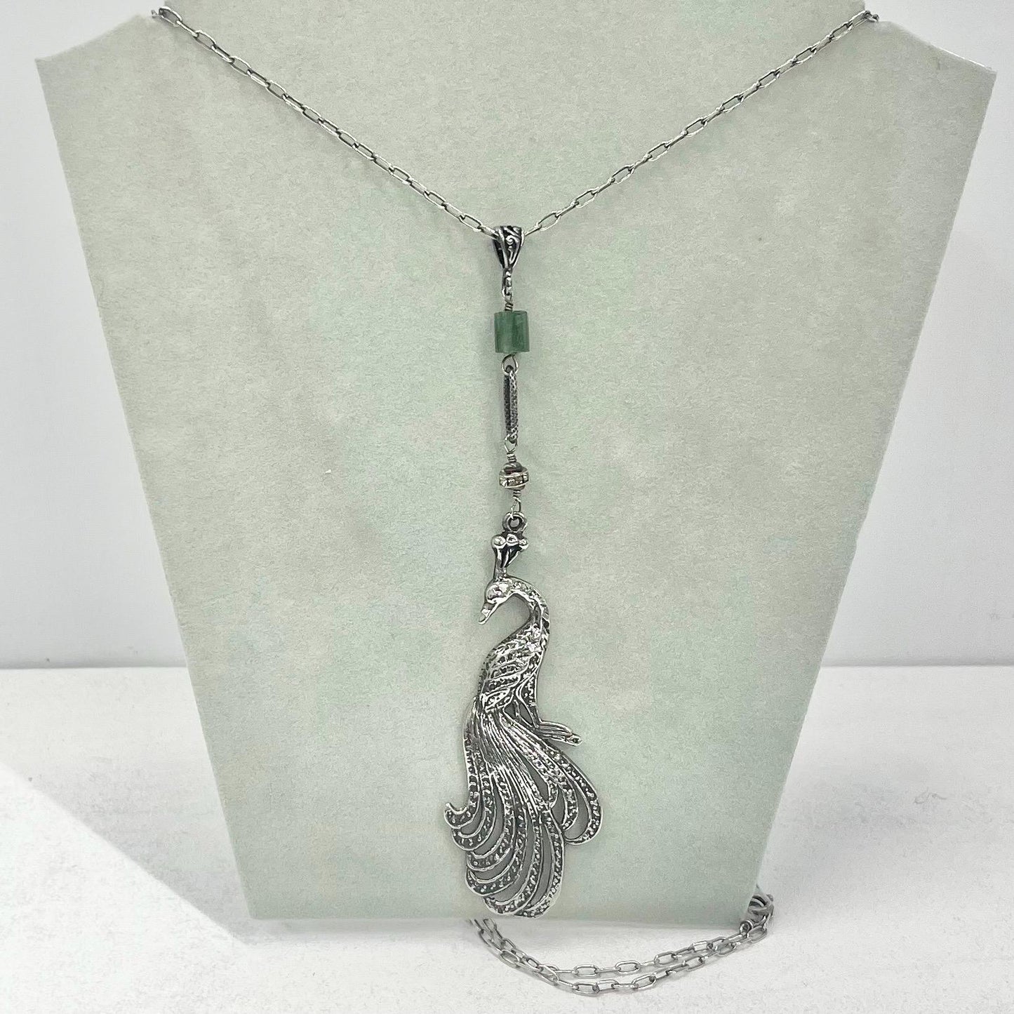 Vintage Sterling Silver Long Drop Peacock Pendant & Long Chain Necklace 32” TheGreenGlassGemShop