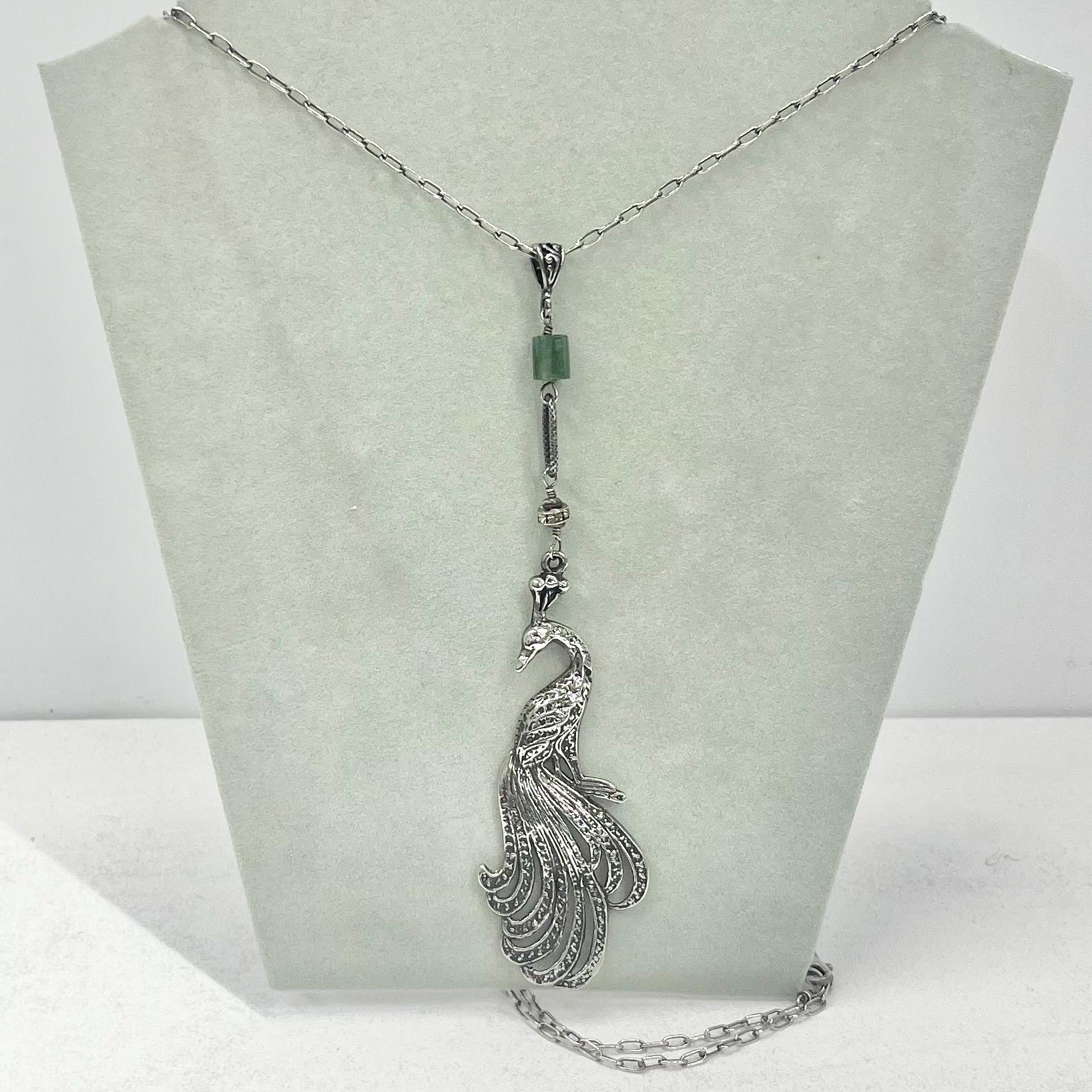 Vintage Sterling Silver Long Drop Peacock Pendant & Long Chain Necklace 32” TheGreenGlassGemShop