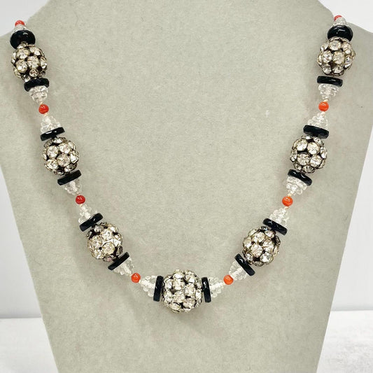 Art Deco 1930’s Black Clear & Red Glass and Crystal Bead Necklace Antique Chunky Vintage Jewellery TheGreenGlassGemShop