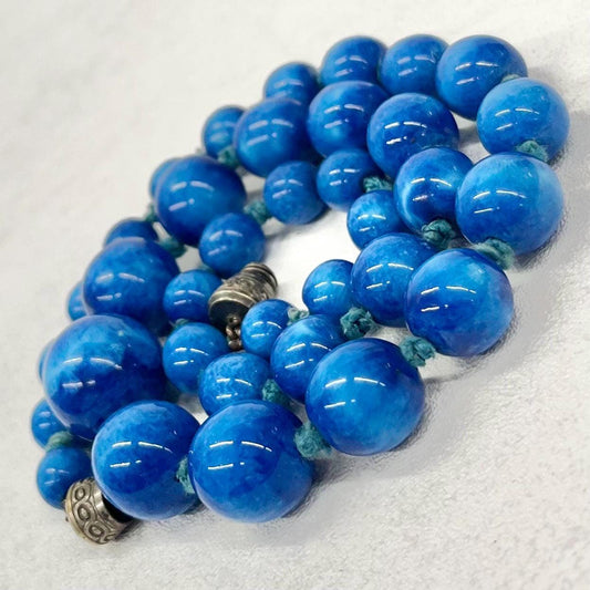 Art Deco 1930’s French Louis Rousselet Blue Glass Bead Hand Knotted Necklace Graduated Beads 18” Long Lampwork Beads Marked Made In France TheGreenGlassGemShop