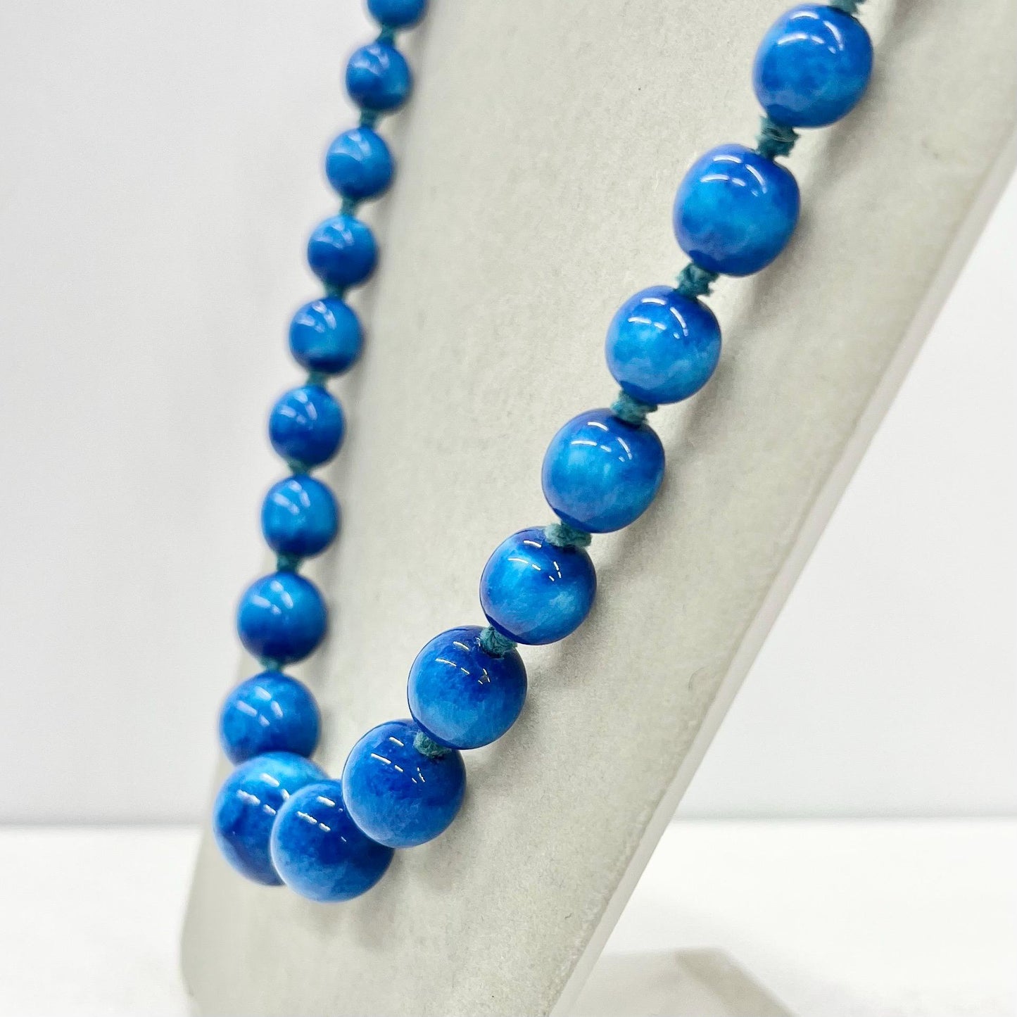 Art Deco 1930’s French Louis Rousselet Blue Glass Bead Hand Knotted Necklace Graduated Beads 18” Long Lampwork Beads Marked Made In France TheGreenGlassGemShop