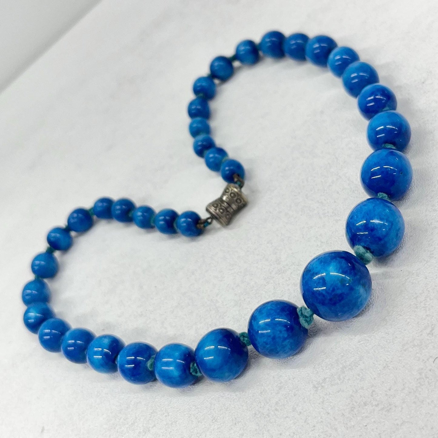 Art Deco 1930’s French Louis Rousselet Blue Glass Bead Hand Knotted Necklace Graduated Beads 18” Long Lampwork Beads Marked Made In France TheGreenGlassGemShop