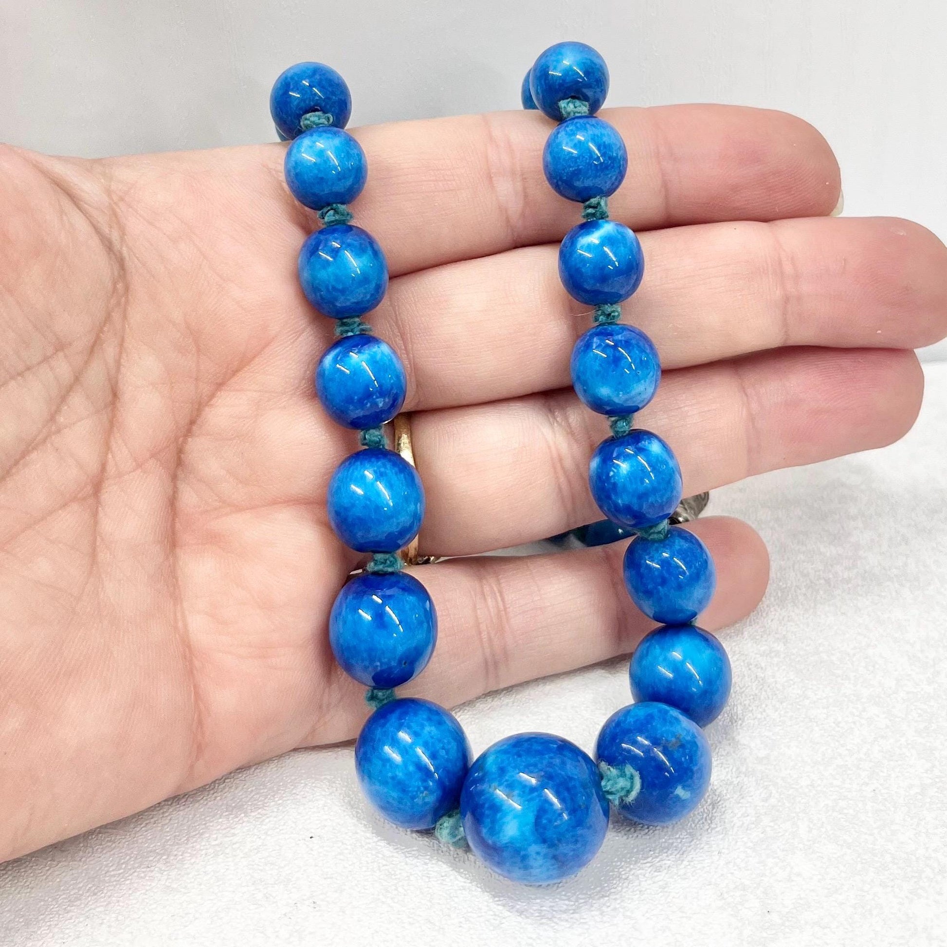 Art Deco 1930’s French Louis Rousselet Blue Glass Bead Hand Knotted Necklace Graduated Beads 18” Long Lampwork Beads Marked Made In France TheGreenGlassGemShop