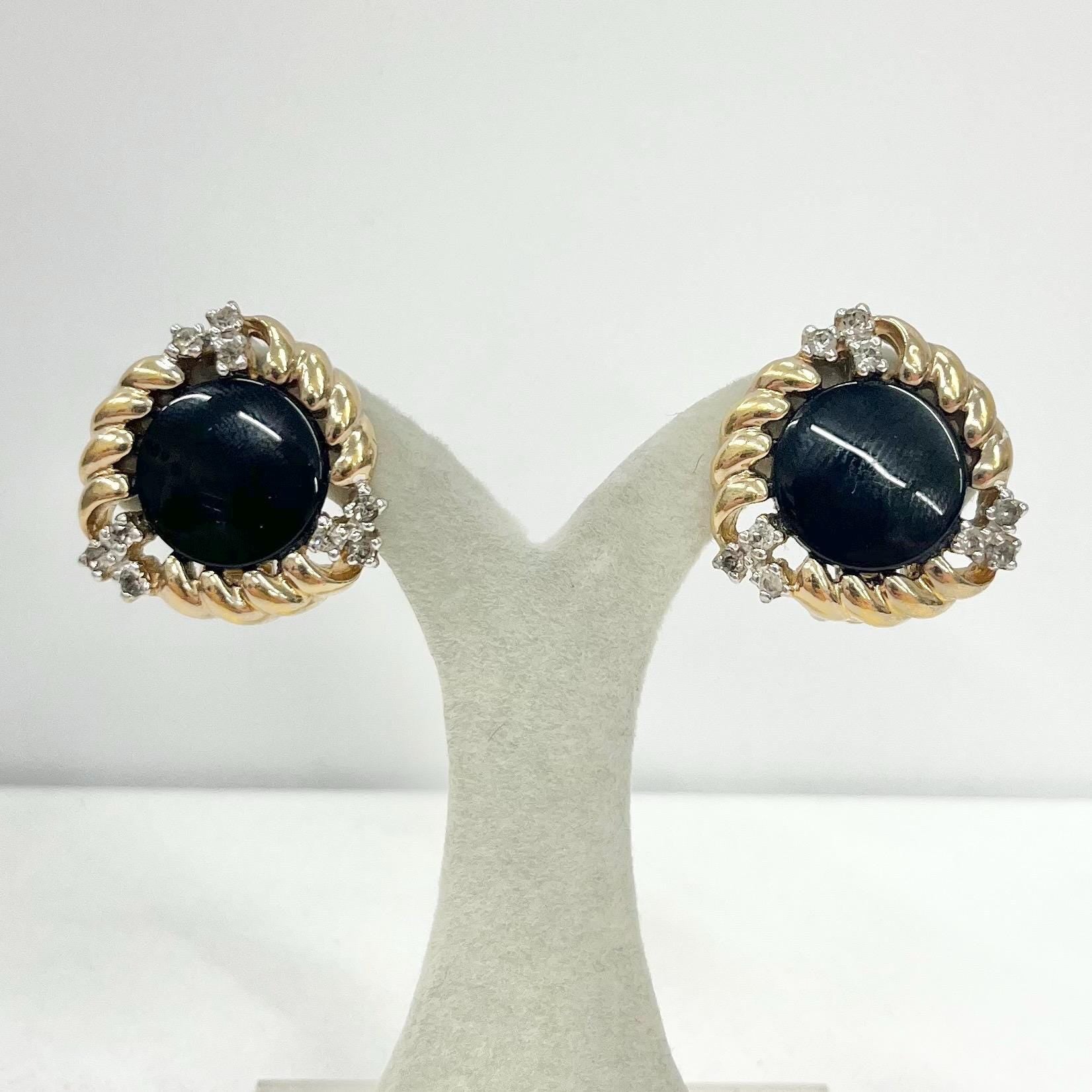 Vintage Designer Panetta Gold Tone Black Cabochon Clip On Earrings with a Clear Crystal Accents TheGreenGlassGemShop
