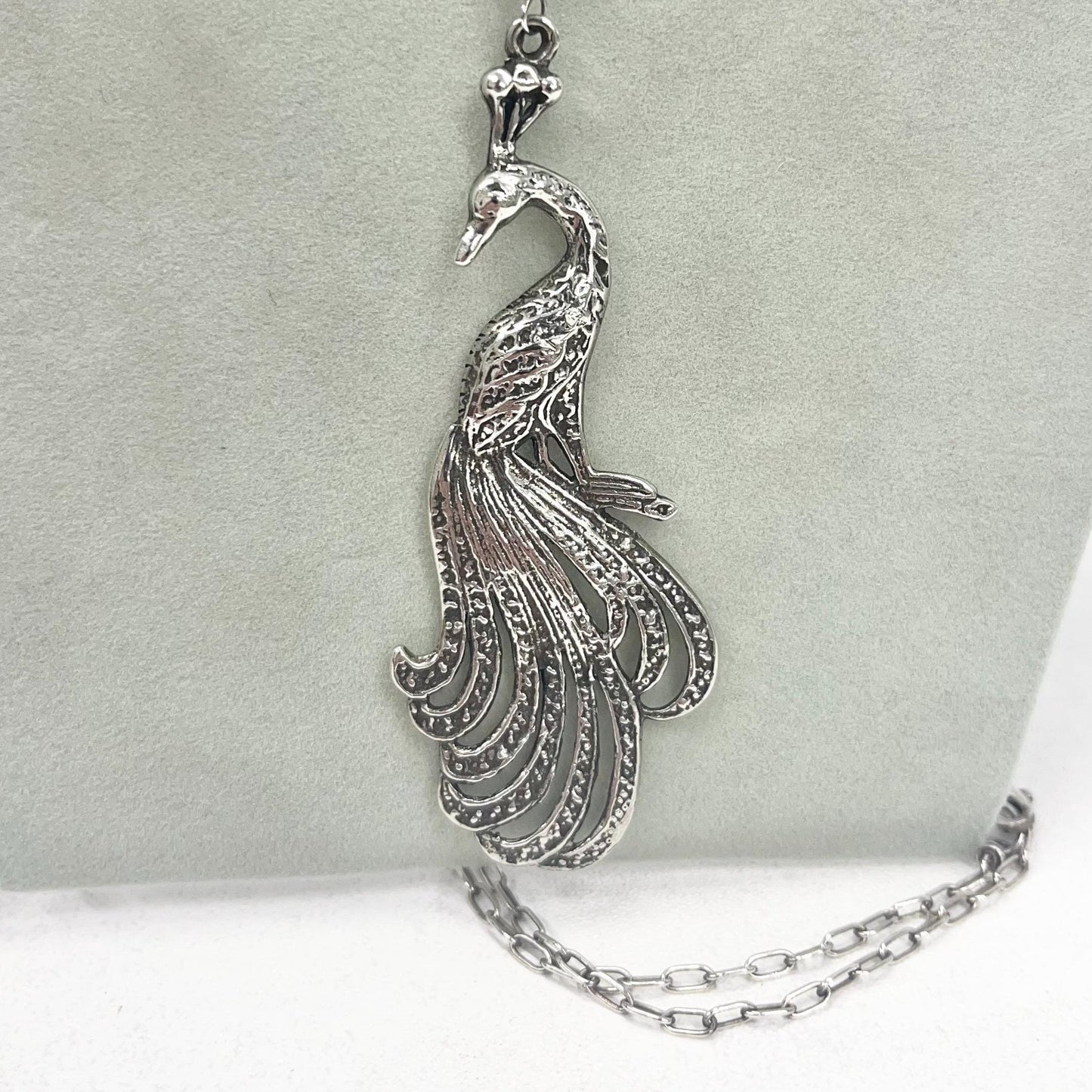 Vintage Sterling Silver Long Drop Peacock Pendant & Long Chain Necklace 32” TheGreenGlassGemShop