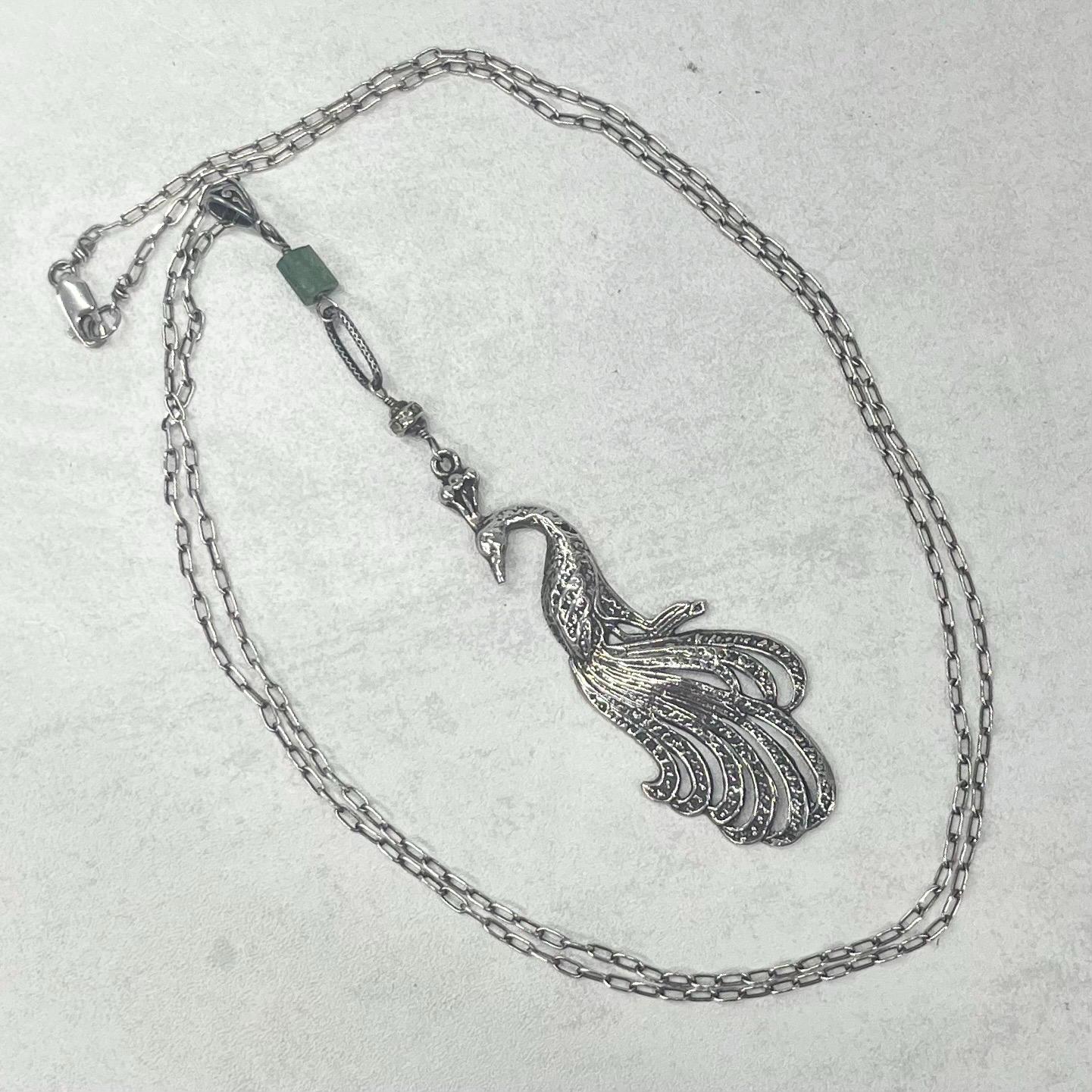 Vintage Sterling Silver Long Drop Peacock Pendant & Long Chain Necklace 32” TheGreenGlassGemShop