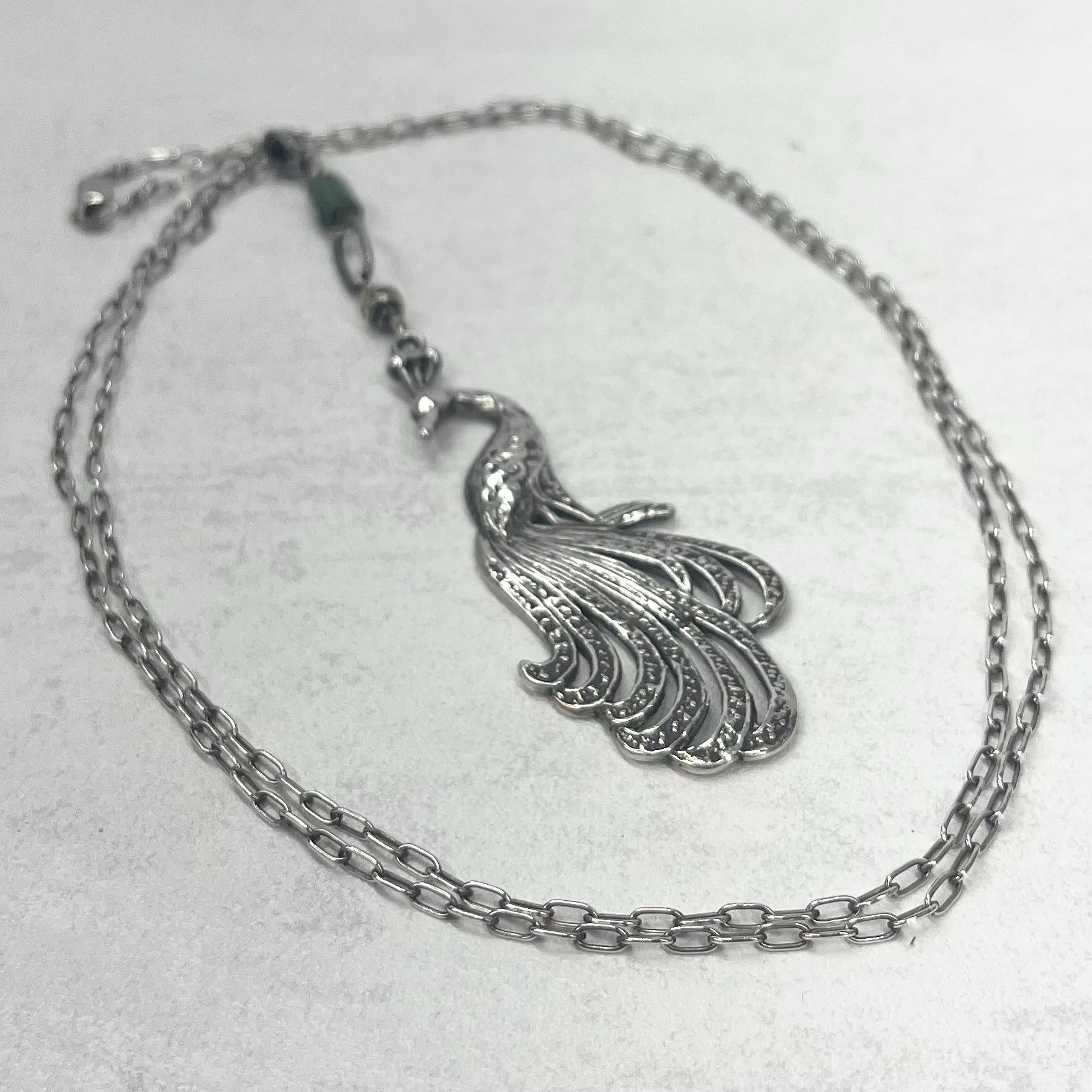 Vintage Sterling Silver Long Drop Peacock Pendant & Long Chain Necklace 32” TheGreenGlassGemShop