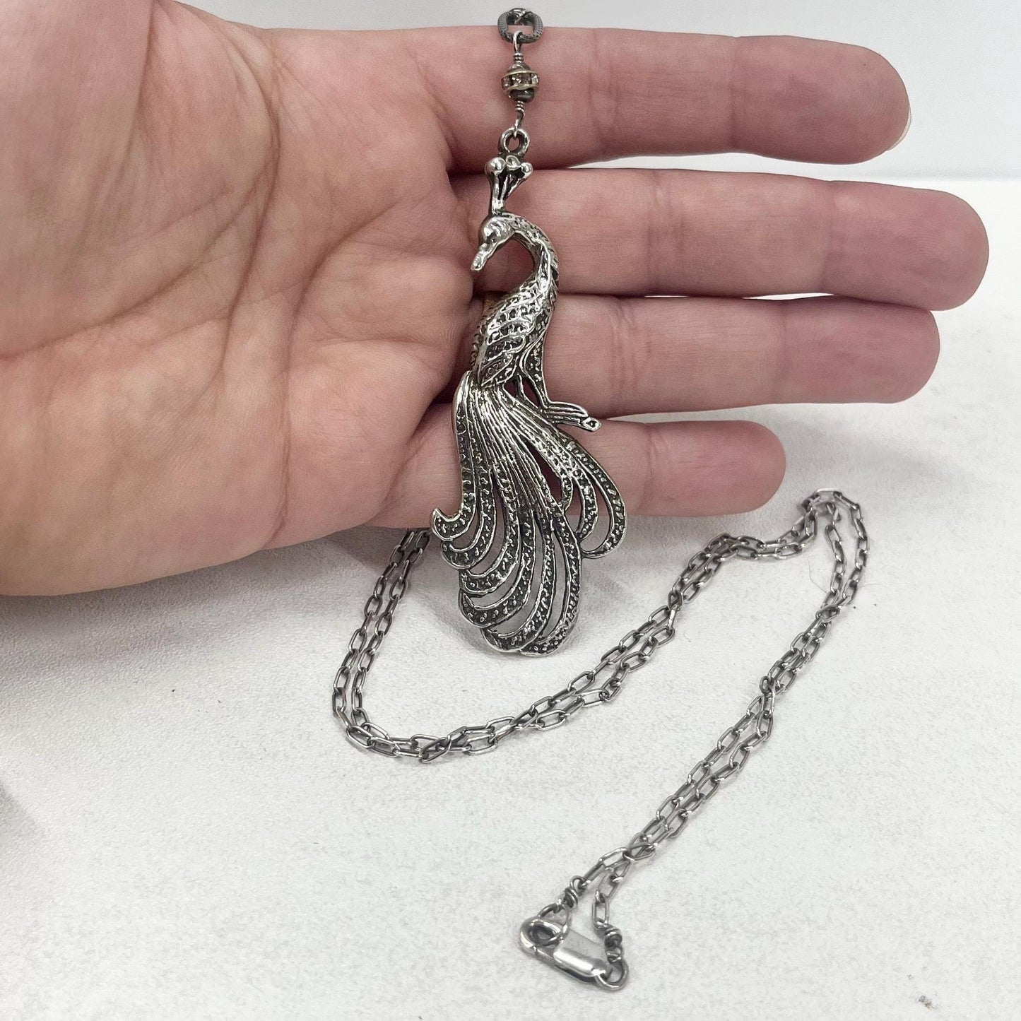 Vintage Sterling Silver Long Drop Peacock Pendant & Long Chain Necklace 32” TheGreenGlassGemShop