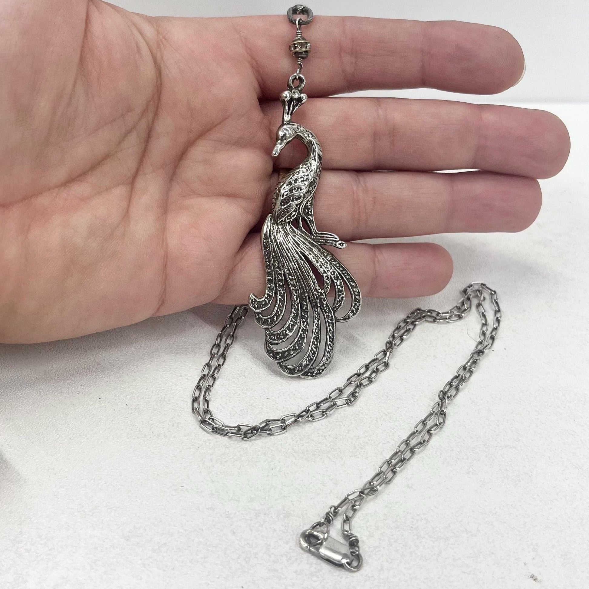Vintage Sterling Silver Long Drop Peacock Pendant & Long Chain Necklace 32” TheGreenGlassGemShop