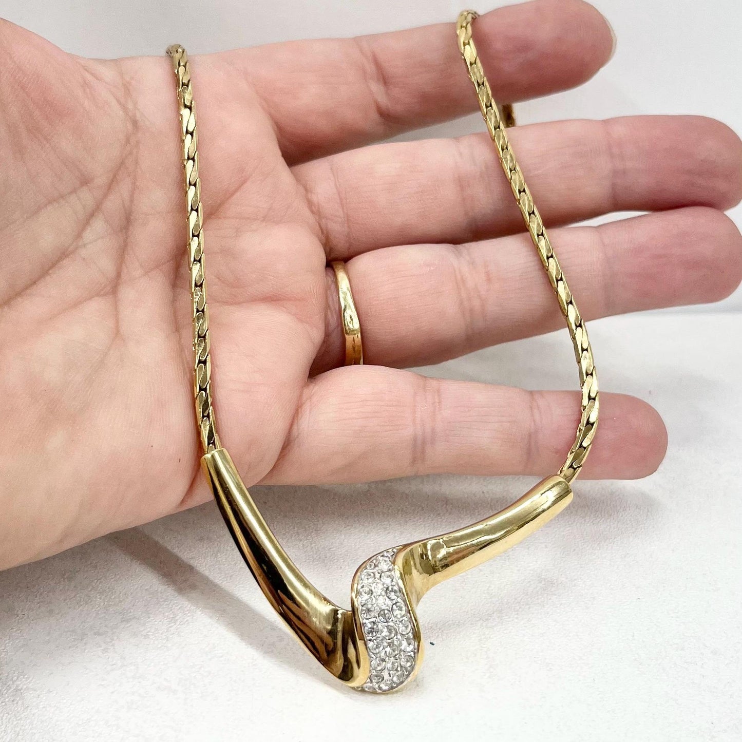 Vintage Gold Plate Ribbon Twist Diamante Chain Collar Necklace 1970’s - 1980’s Statement Power Chain TheGreenGlassGemShop