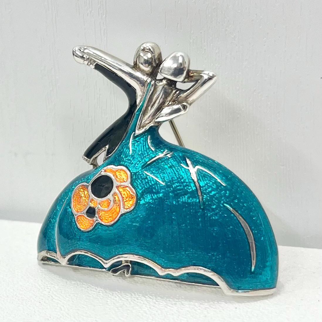 Vintage Enamelled Past Times Art Deco Clarice Cliff Dancing Couple Brooch Costume Jewellery Piece Silver Tond TheGreenGlassGemShop