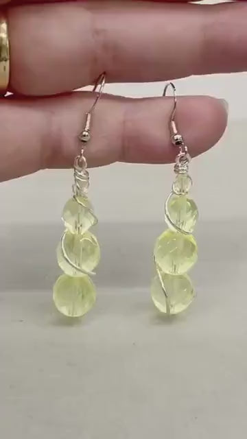 Vintage Yellow Uranium Glass Bead Drop Earrings Silver Plate UV Reactive Glow with Czech Firepolished Crystal Beads