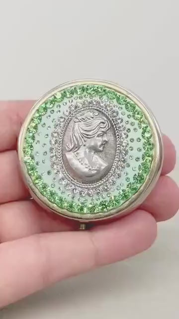 One of a Kind Cameo Pill Box with Vintage Green Uranium Swarovski Crystal Elements in a Silver Tone Setting UV Reactive Glow