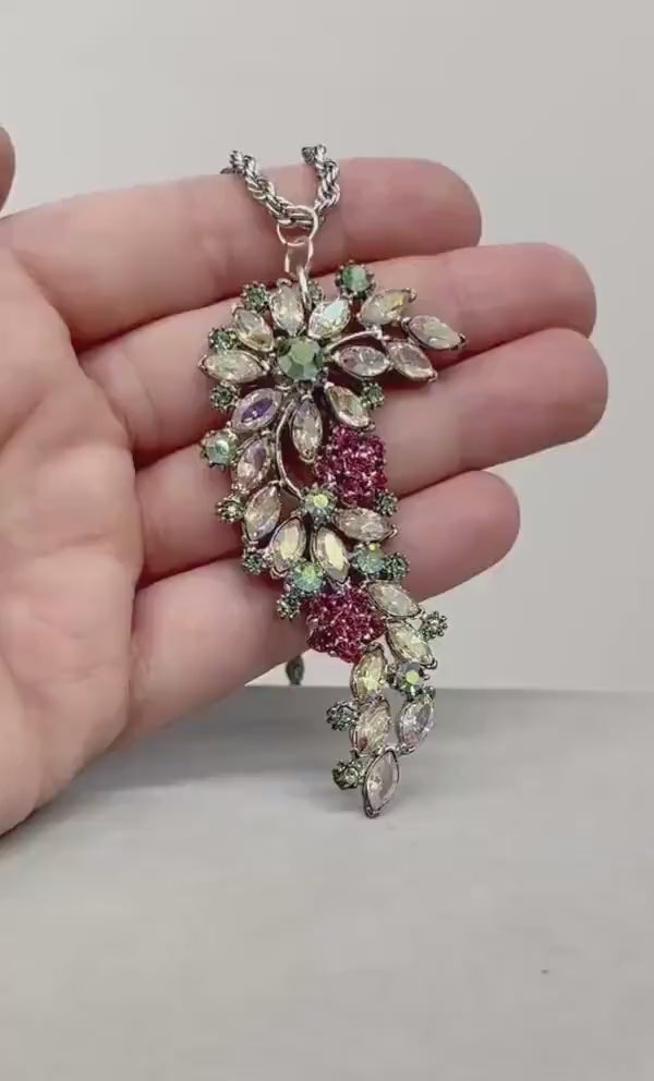 Stunning Statement Floral Pendant with Pink & Green Uranium Crystals in a Vintage Setting UV Reactive Glow