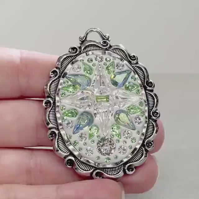 Clear Sparkling& Green Uranium Crystal Pendant with Vintage Uranium Swarovski Crystal Elements in a Silver Tone Setting UV Reactive Glow