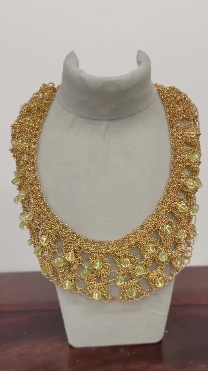 Uranium Glass Crystal Adorned Necklace Gold Tone Crocheted Collar Cleopatra Necklace Statement Jewellery