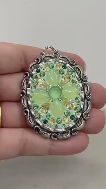 Uranium Glass & Crystal Pendant with Vintage Uranium Swarovski Crystal Elements in a Silver Tone Setting UV Reactive Glow