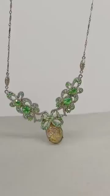 Victorian Style Green Uranium Crystal Necklace with a Gold Dichroic Cabochon Green UV Reactive Glowing Statement Jewellery