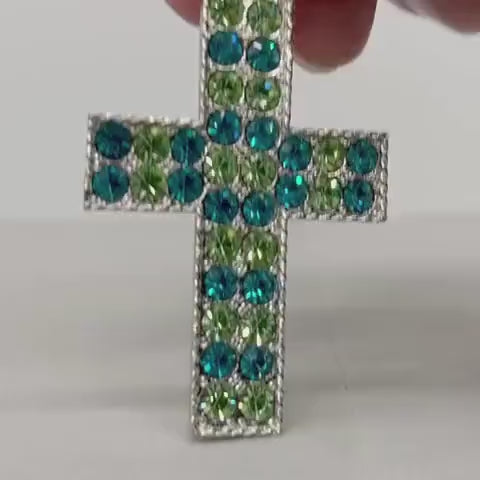 Statement Large Green & Turquoise Crystal Cross / Crucifix Pendant with Vintage Uranium Swarovski Crystal Elements UV Reactive Glow Gothic