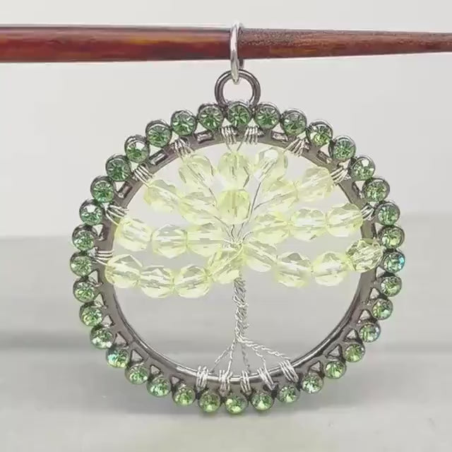 Large Tree Of Life Uranium Beaded Pendant with Uranium Crystals in a Vintage Setting UV Reactive Glow