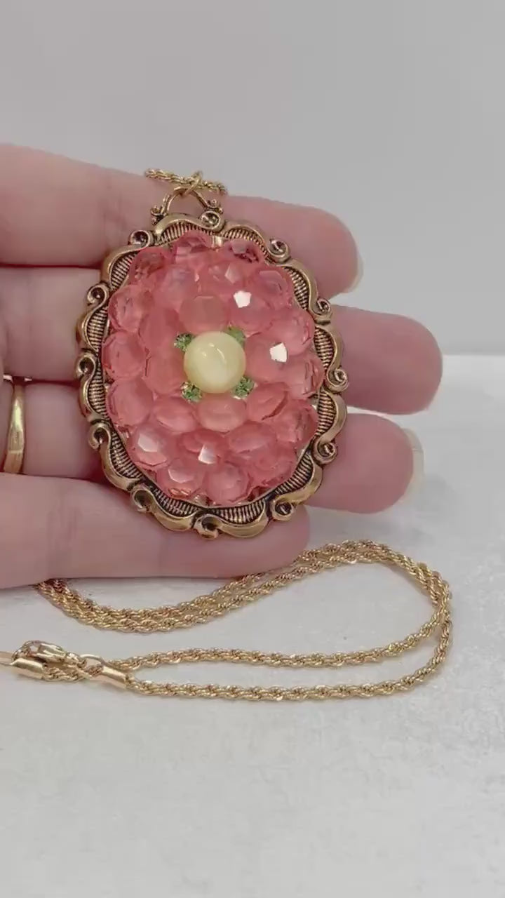 Large Pink Uranium Crystal Pendant and Chain with Vintage Uranium Swarovski Crystal Elements in a Rose Gold Tone Setting UV Reactive Glow