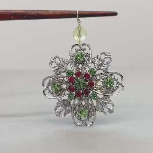 Floral Style Silver Plate Uranium Crystal Pendant with Ruby Crystal Accents in a Vintage Setting UV Reactive Glow